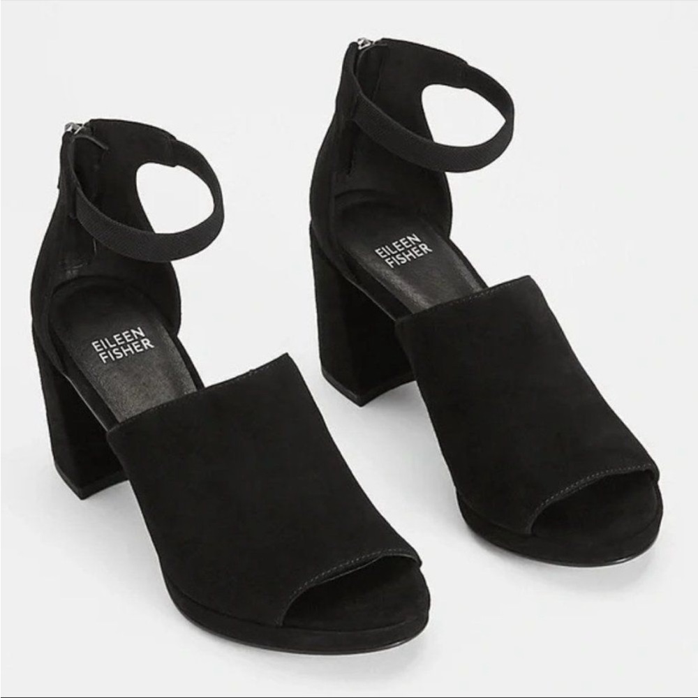 Eileen Fisher Women’s Sz 7.5 Black Suede Marty Open Toe Heels